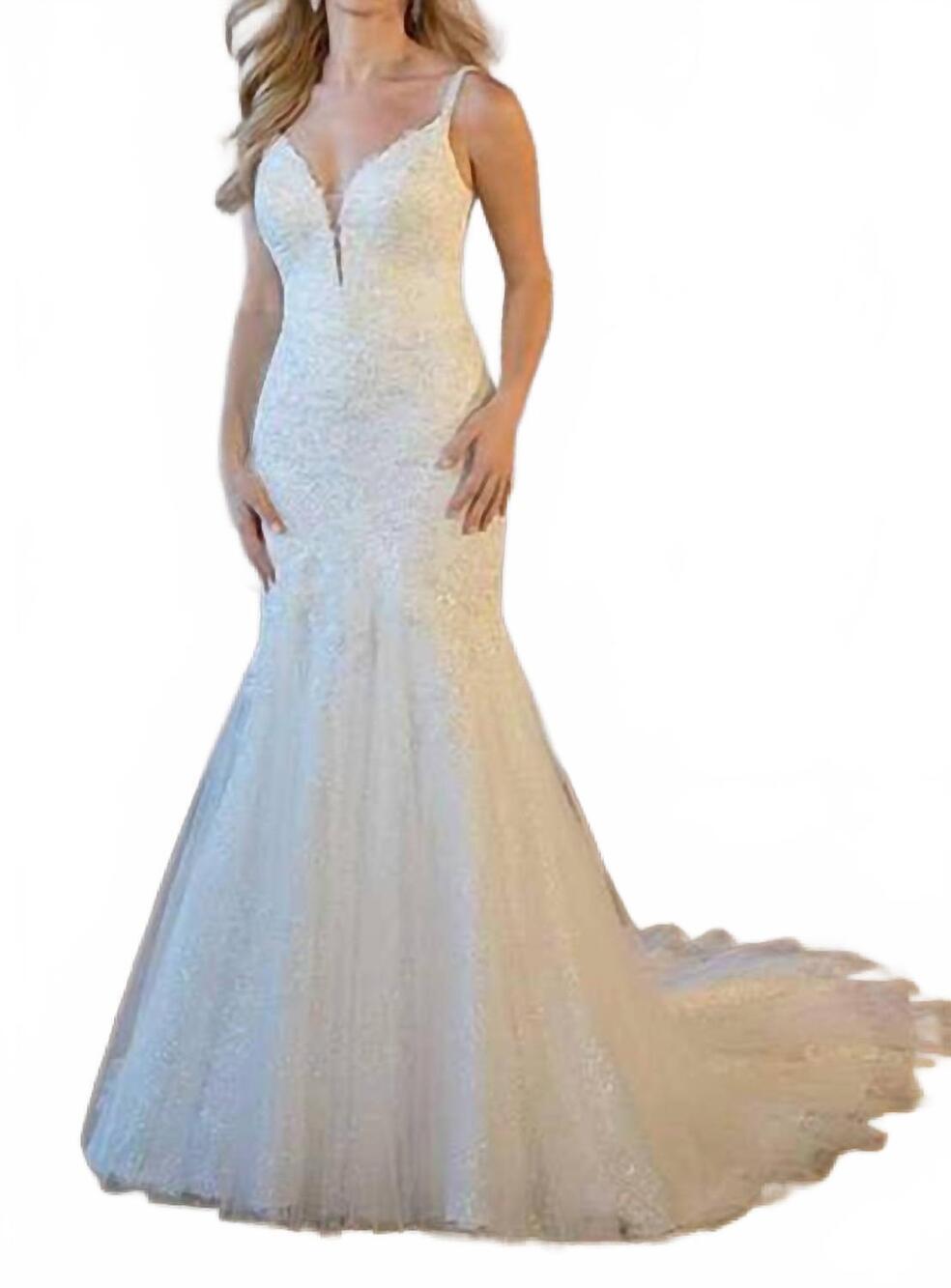 NEW STELLA YORK plunging neckline wedding gown in ivory/biscotti/porcelain